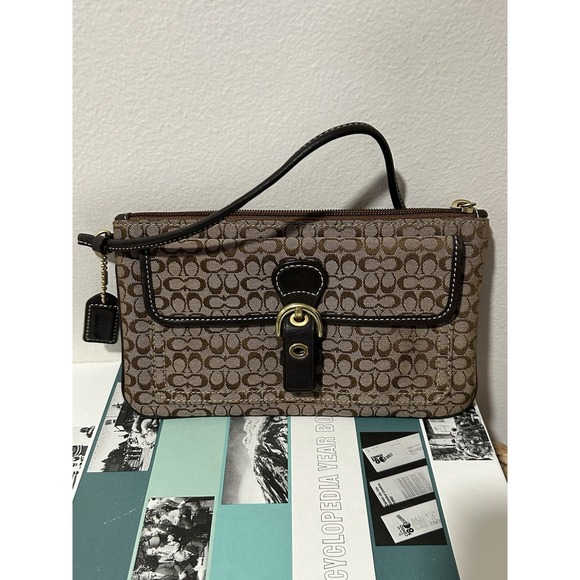Coach Soho Brown Mini Signature Large Skinny Wristlet Front Buckle - Picture 1 of 8